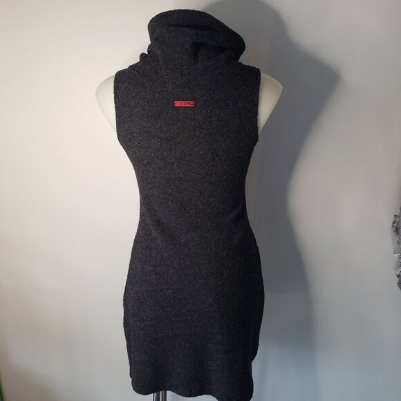 Grey Fuzzy Sleeveless High Neck Asymmetrical IZM Dress w Side Slit - Picture 4 of 12